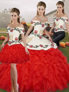 Modest White And Red Sleeveless Embroidery and Ruffles Floor Length Quinceanera Dresses
