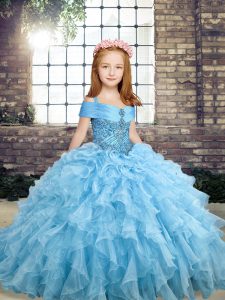 Perfect Floor Length Ball Gowns Sleeveless Blue Kids Pageant Dress Lace Up