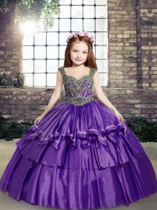 Lavender Ball Gowns Straps Sleeveless Taffeta Floor Length Lace Up Beading Little Girls Pageant Gowns