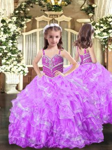 Simple Lilac Straps Lace Up Beading and Ruffles High School Pageant Dress Sleeveless