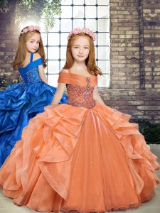 Affordable Floor Length Ball Gowns Sleeveless Orange Little Girl Pageant Dress Lace Up
