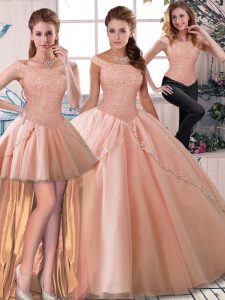 Latest Peach Off The Shoulder Lace Up Beading Sweet 16 Quinceanera Dress Brush Train Sleeveless