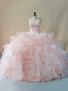 Most Popular Pink Quinceanera Gown Sweet 16 and Quinceanera with Beading and Ruffles and Hand Made Flower Sweetheart Sleeveless Brush Train Lace Up