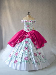 Graceful Pink And White Ball Gowns Off The Shoulder Sleeveless Organza Floor Length Lace Up Embroidery and Ruffles 15th Birthday Dress