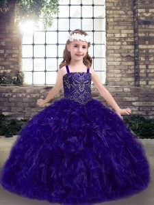 Purple Little Girls Pageant Dress Wholesale Party and Wedding Party with Beading and Ruffles Straps Sleeveless Lace Up