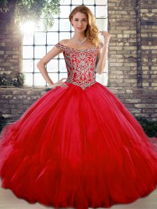Red Ball Gowns Off The Shoulder Sleeveless Tulle Floor Length Lace Up Beading and Ruffles Vestidos de Quinceanera
