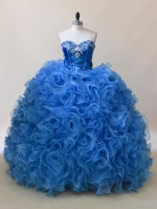 Adorable Sleeveless Floor Length Ruffles and Sequins Lace Up Quinceanera Gown with Blue