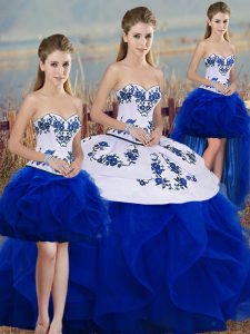Spectacular Royal Blue Sweetheart Neckline Embroidery and Ruffles and Bowknot Quinceanera Gown Sleeveless Lace Up