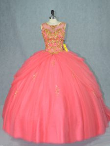 Colorful Watermelon Red Sleeveless Beading Lace Up Quinceanera Gown