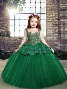 Fashion Tulle Straps Sleeveless Lace Up Beading and Lace High School Pageant Dress in Dark Green