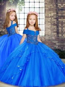 Custom Design Blue Sleeveless Tulle Lace Up Little Girls Pageant Dress Wholesale for Party and Sweet 16 and Wedding Party