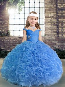 Customized Sleeveless Floor Length Beading and Ruching Lace Up Glitz Pageant Dress with Blue