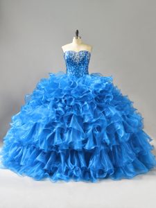 Enchanting Blue Ball Gowns Organza Sweetheart Sleeveless Beading and Ruffles and Sequins Floor Length Lace Up 15 Quinceanera Dress