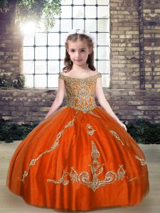 Off The Shoulder Sleeveless Custom Made Pageant Dress Floor Length Beading Orange Red Tulle