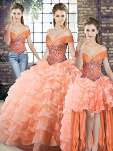 Brush Train Three Pieces Sweet 16 Quinceanera Dress Peach Off The Shoulder Organza Sleeveless Lace Up