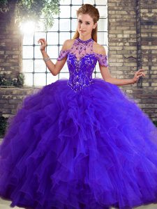 High End Purple Lace Up Halter Top Beading and Ruffles Sweet 16 Dress Tulle Sleeveless