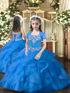 Sleeveless Floor Length Beading and Ruffles Lace Up Pageant Gowns For Girls with Blue