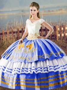 Pretty V-neck Sleeveless Quince Ball Gowns Asymmetrical Embroidery and Ruffled Layers Blue And White Satin