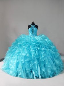 Perfect Aqua Blue Ball Gowns Beading and Ruffles 15th Birthday Dress Lace Up Organza Sleeveless