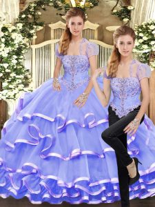 Two Pieces Sweet 16 Dresses Lavender Strapless Organza Sleeveless Floor Length Lace Up