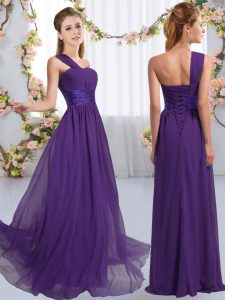Floor Length Purple Quinceanera Dama Dress One Shoulder Sleeveless Lace Up