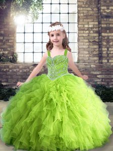 High Quality Tulle Lace Up Straps Sleeveless Floor Length Kids Formal Wear Beading and Ruffles