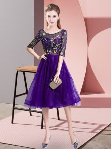 Colorful Scoop Half Sleeves Dama Dress for Quinceanera Knee Length Embroidery Purple Tulle