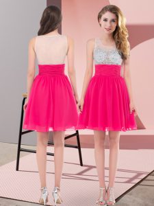 Artistic Hot Pink Empire Beading Dama Dress for Quinceanera Side Zipper Chiffon Sleeveless Mini Length