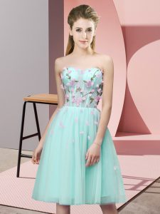 Stylish Apple Green Tulle Lace Up Dama Dress for Quinceanera Sleeveless Knee Length Appliques