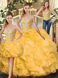 Vintage Gold Sleeveless Organza Lace Up 15 Quinceanera Dress for Sweet 16 and Quinceanera