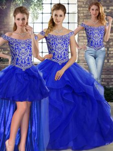 Cute Sleeveless Beading and Ruffles Lace Up Quinceanera Dresses with Royal Blue Brush Train