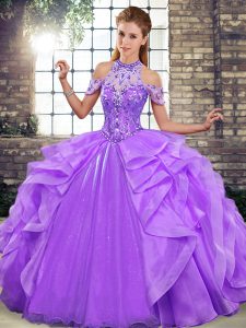 Customized Lavender Ball Gowns Beading and Ruffles Quinceanera Dresses Lace Up Organza Sleeveless Floor Length