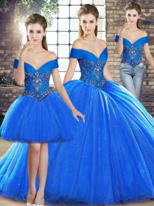 Sleeveless Beading Lace Up Sweet 16 Dress with Royal Blue Brush Train