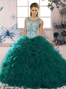 Traditional Peacock Green Organza Lace Up Scoop Sleeveless Floor Length Quinceanera Gowns Beading and Ruffles