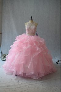 Artistic Halter Top Sleeveless Backless Quinceanera Gowns Pink Organza