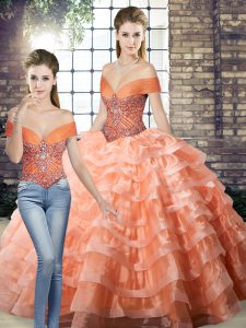 On Sale Sleeveless Organza Brush Train Lace Up Sweet 16 Quinceanera Dress in Peach with Beading and Ruffled Layers
