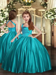 Customized Teal Ball Gowns Straps Sleeveless Satin Floor Length Lace Up Ruching Little Girls Pageant Gowns
