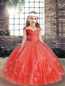 Modern Coral Red Sleeveless Beading and Hand Made Flower Little Girls Pageant Dress