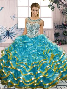 Noble Floor Length Lace Up 15 Quinceanera Dress Blue for Military Ball and Sweet 16 and Quinceanera with Beading and Ruffles