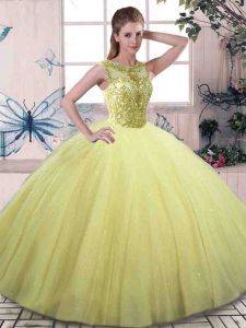 Stylish Sleeveless Floor Length Beading Lace Up Quince Ball Gowns with Yellow Green