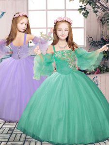 Latest Beading and Appliques Girls Pageant Dresses Turquoise Lace Up Sleeveless Floor Length