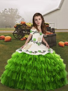 Floor Length Lace Up Girls Pageant Dresses Green for Party and Wedding Party with Embroidery and Ruffled Layers