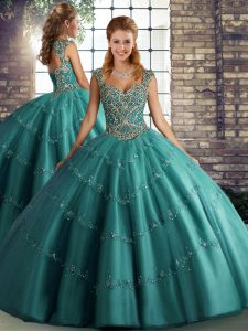 Ball Gowns Quinceanera Dresses Teal Straps Tulle Sleeveless Floor Length Lace Up