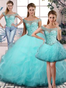 Glorious Aqua Blue Ball Gowns Beading and Ruffles Sweet 16 Dress Lace Up Tulle Sleeveless