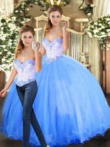 Charming Blue Lace Up Sweet 16 Dress Beading Sleeveless Floor Length