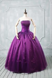 Sumptuous Strapless Sleeveless Ball Gown Prom Dress Floor Length Beading Purple Organza