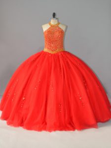 Ball Gowns 15 Quinceanera Dress Red Halter Top Tulle Sleeveless Floor Length Lace Up