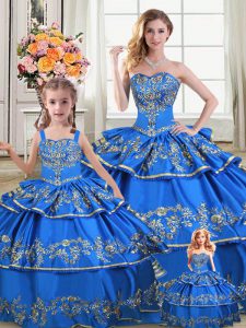 Royal Blue Ball Gowns Satin and Organza Sweetheart Sleeveless Embroidery and Ruffled Layers Floor Length Lace Up Quinceanera Dresses