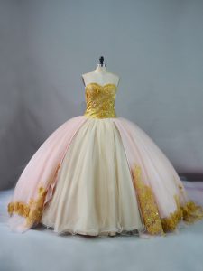 Sweetheart Sleeveless Quince Ball Gowns Brush Train Beading and Lace and Appliques Pink and Champagne