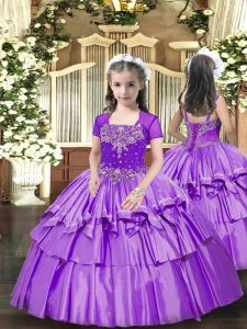 Straps Sleeveless Little Girls Pageant Gowns Floor Length Beading and Ruffled Layers Lavender Taffeta